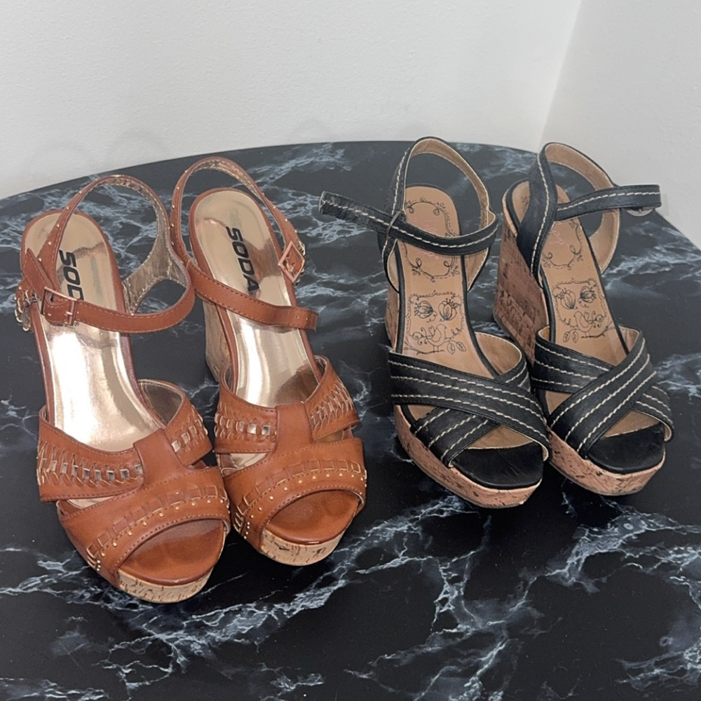 Soda Women's Wedge Sandals Brown Sz 7.5 & Jellypop Black Wedge Sz 7 LOT OF 2 - Picture 2 of 13